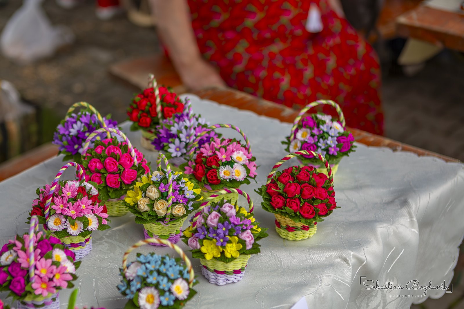 Baskets of paper flowers.