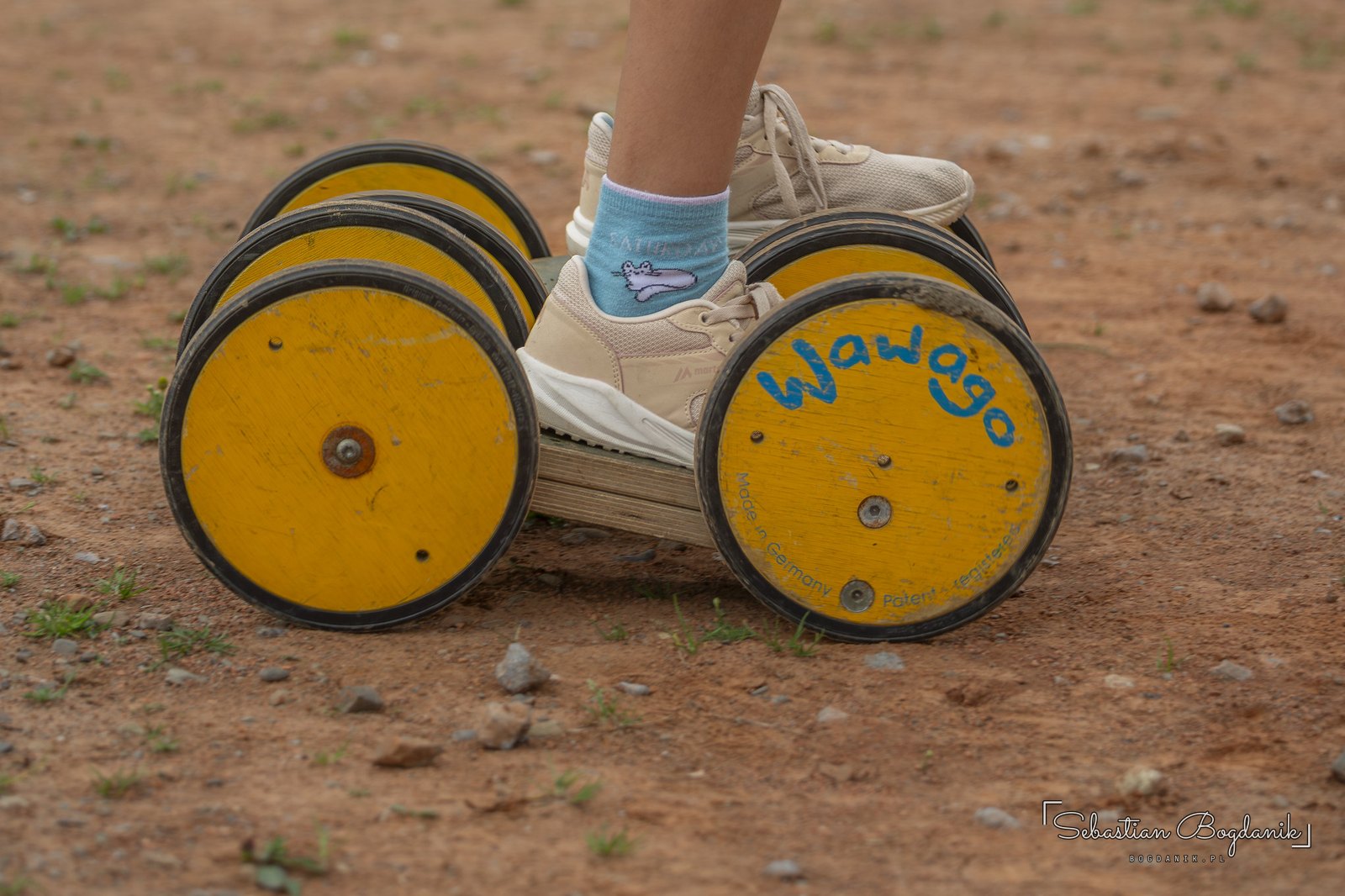 A wooden ride-on on wheels in the play area.