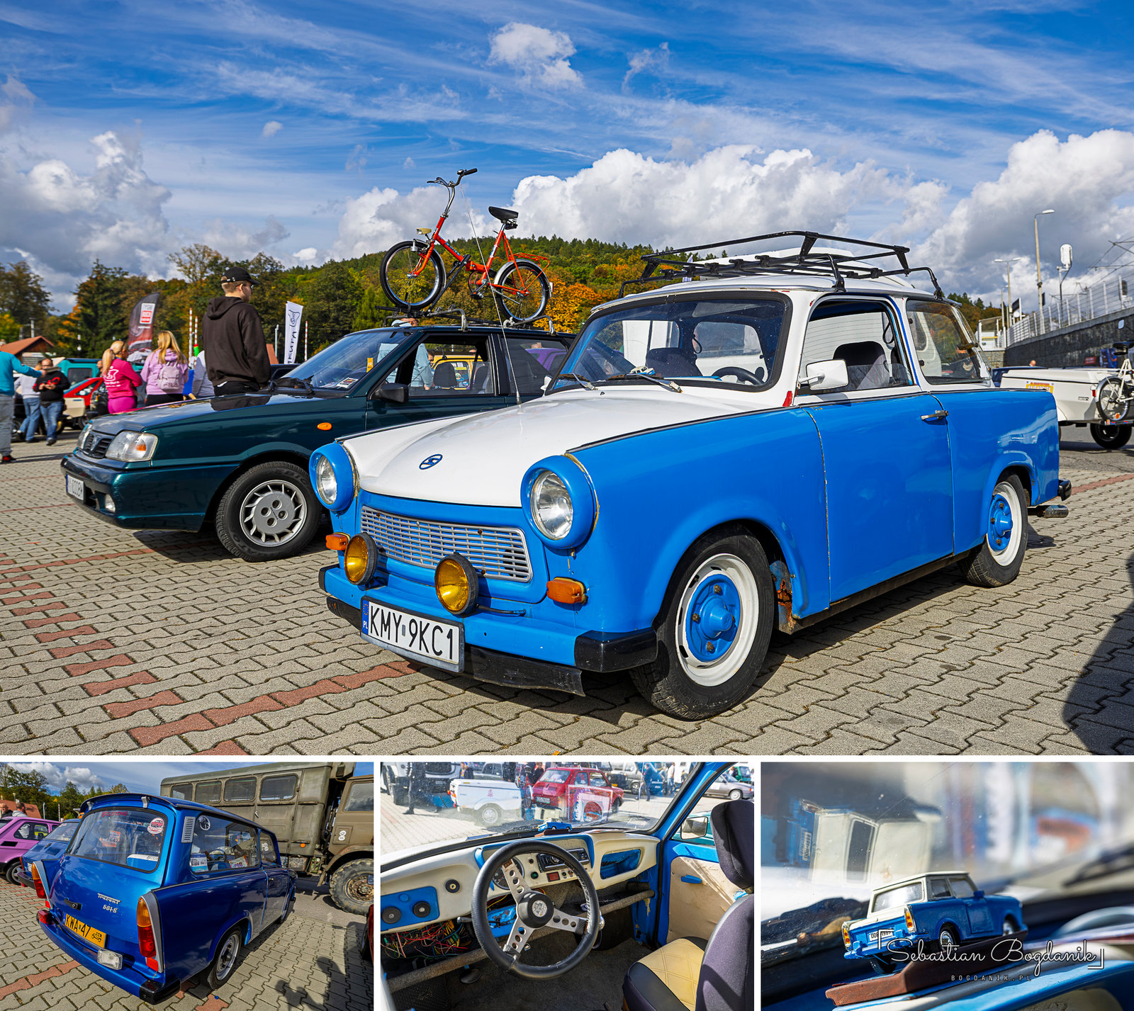 The Trabant, East Germany’s people’s car, four ways: sedan with a bike on the roof, wagon, cabin and a toy model with “DDR-1989” plates