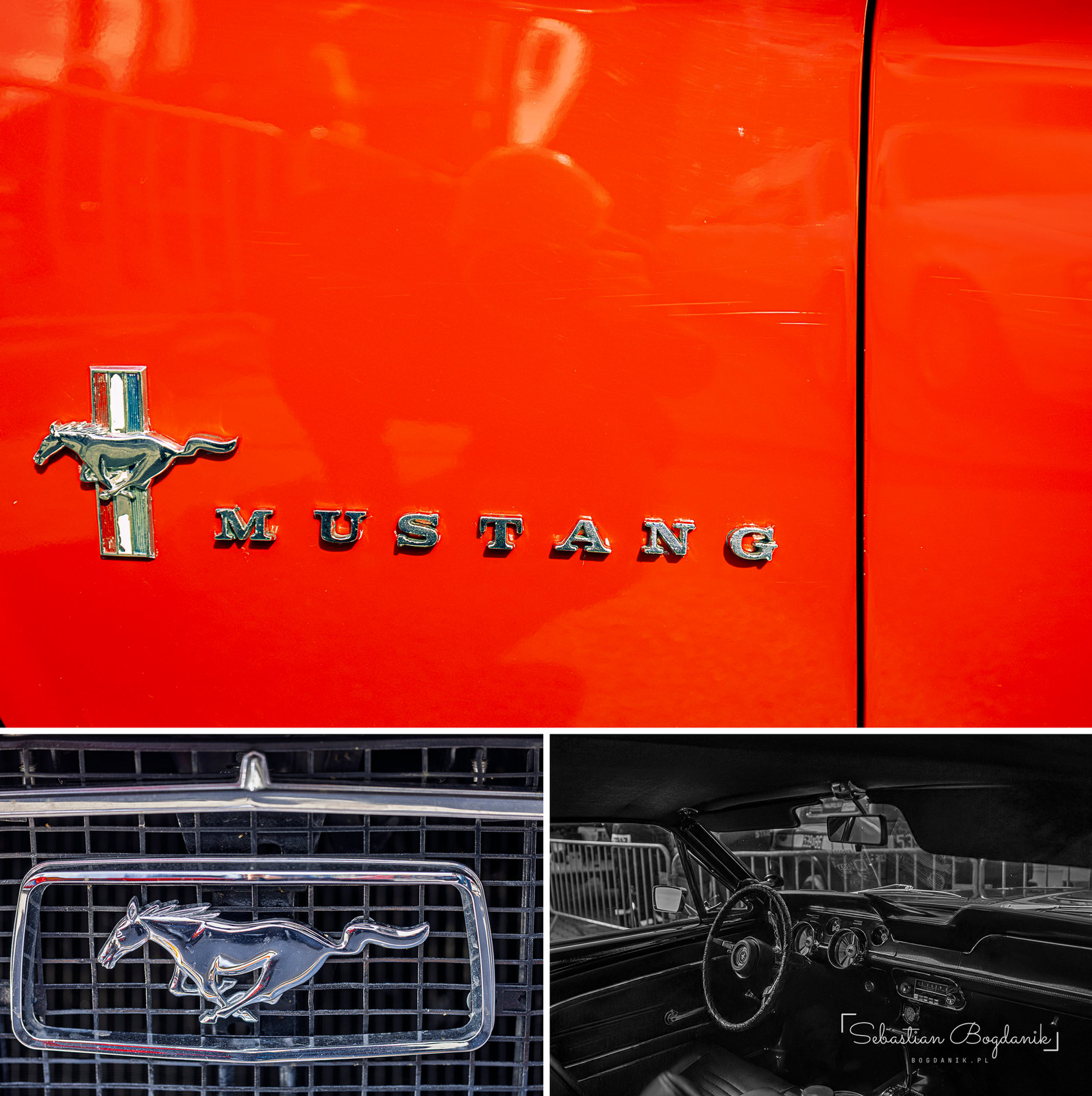 A first-generation Mustang: fender script, the running horse in the grille and the cabin