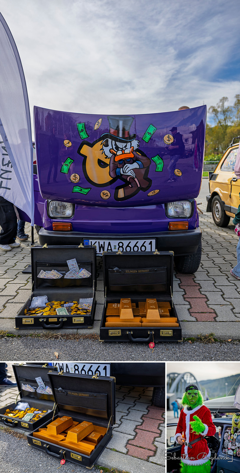 A purple maluch with a Scrooge McDuck-style duck on the hood, and below it suitcases full of gold bars, coins and cash