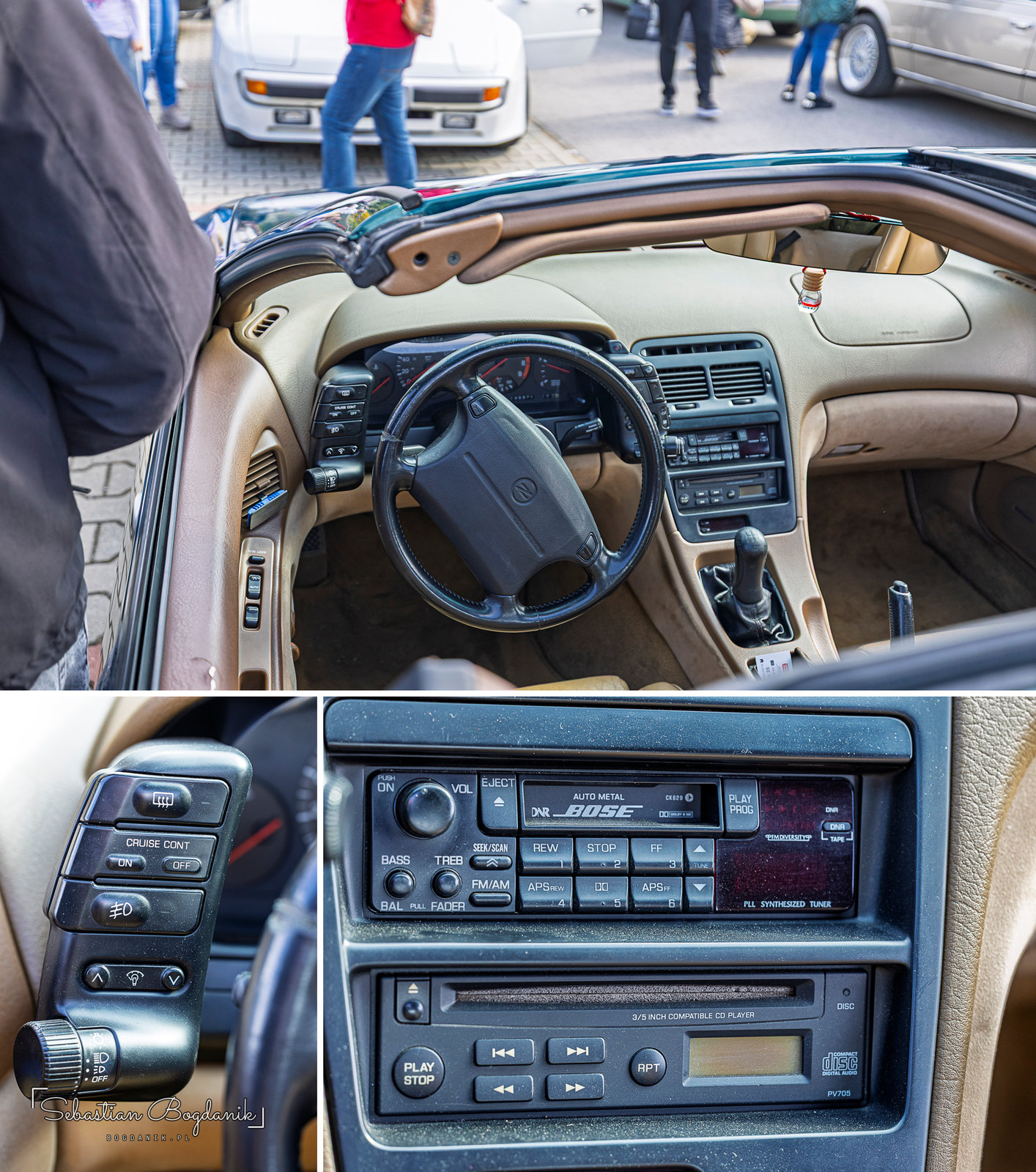 Nineties tech, up close: tan leather, a cruise-control stalk with ON and OFF buttons, and a Bose head unit with both a cassette deck and a